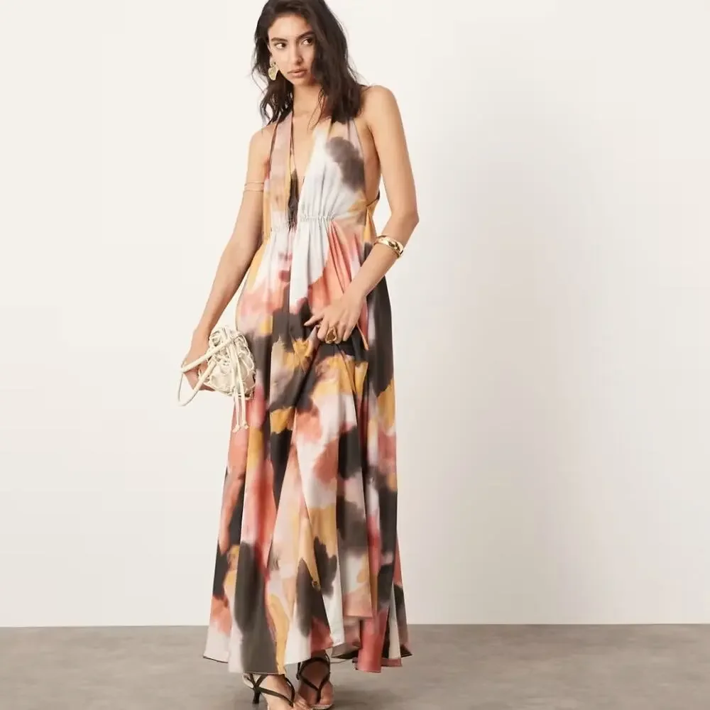NEW Edition Asos Watercolor Print Satin Halter Maxi‎ Dress 4 Pink Black Tan NWT